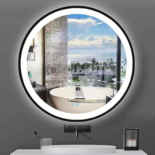 24 Inch Black Round Lighted Vanity Mirror with Lights Black Frame Round LED Mirror for Bathroom Wall Antifog 3Color Adjustable Brightness Frontlit 24" Black Framed Circle LED Light up Mirrors