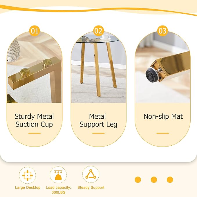 Round Dining Table Set for 4,36" Glass Dining Table Set for 4 with Stainless Steel Leg,Small Kitchen Table Set for 4 with Cushion Chairs,5 Piece Dining Table Sets Space Saving