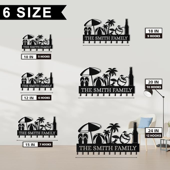 Personalized Key Holder for Wall, Beach Theme Key Holder Wall Mount with Hooks, Coconut Trees Key Hanger Wall Decor for Pool Bathroom Hallway Entryway Office, Customized Home Decor Gifts Color04