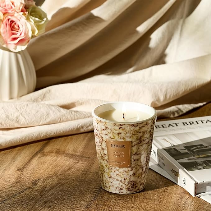 M&SENSE Lemon Vanilla Scented Soy Candle, 3 Wick Highly Scented 14.1 Oz 80H, Aromatherapy Christmas Gift for Women and Men