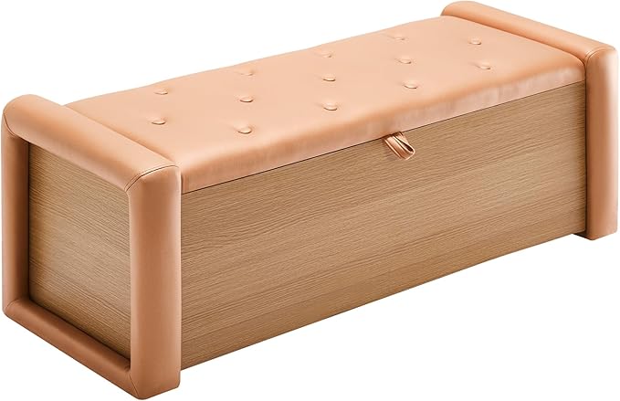 48" Large Storage Ottoman Bench, Faux Leather Upholstered Bed Bench with Button Tufted, End of Bed Ottoman with Safety Hinge for Bedroom, Living Room, Window，or Entryway, Orange Shoe Storage Chest