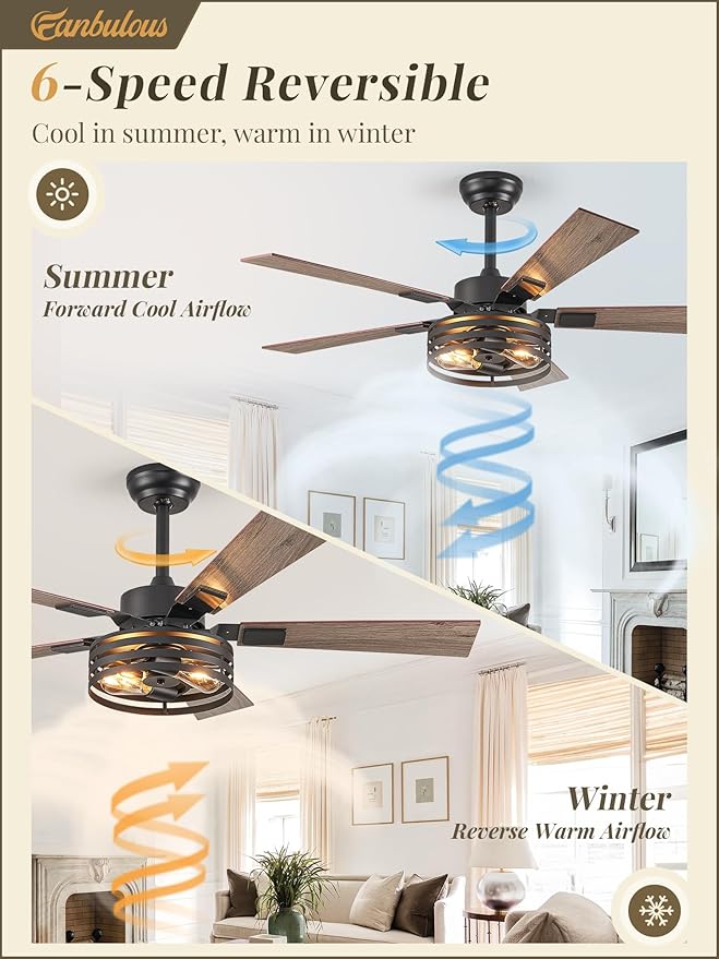 Fanbulous Farmhouse Caged Ceiling Fans with Lights and Remote, 48 Inch Black Bedroom Ceiling Fans for Living Room Kitchen，6 Speed Reversible Quiet DC Motor, Dual Finish 5 Blades