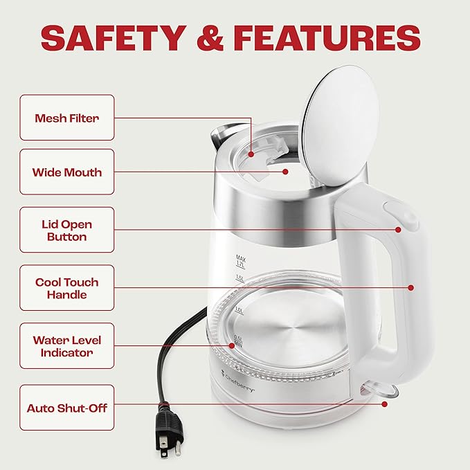 Electric Kettle for Boiling Hot Tea & Water | 1.8L Stainless Steel Borosilicate Glass Boiler With No Plastic, Automatic Shutoff, BPA Free, Fast Heating Technology