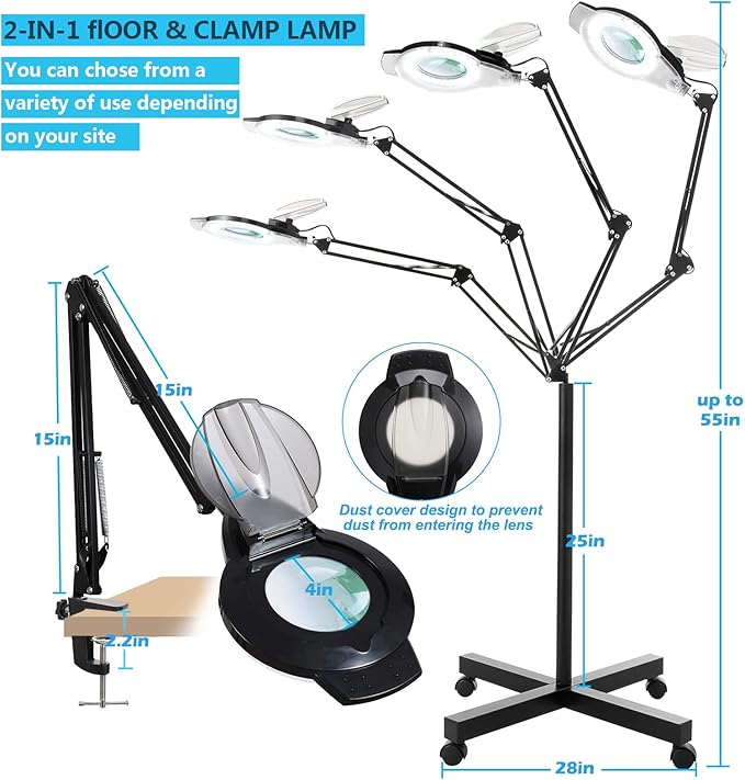 KIRKAS 10X Magnifying Floor Lamp with 4 Wheel Rolling Base for Estheticians 2,200 Lumens LED Magnifier Lighted Glass Len, Adjustable Stand & Swivel Arm Floor Mag Lamp for Reading, Beauty, Lash,Tattoo
