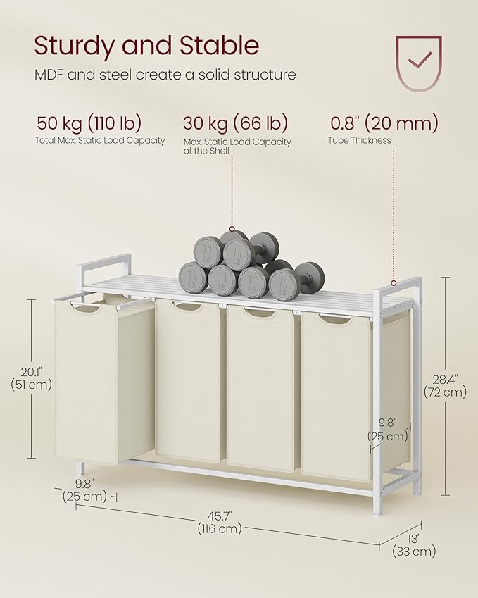 VASAGLE Laundry Hamper, Laundry Basket, Laundry Sorter with 4 Pull-Out and Removable Bags, Shelf, Metal Frame, 4 x 10.6 Gallons (40 L), 45.7 x 13 x 28.4 Inches, Cream White and Cloud White UBLH401W01