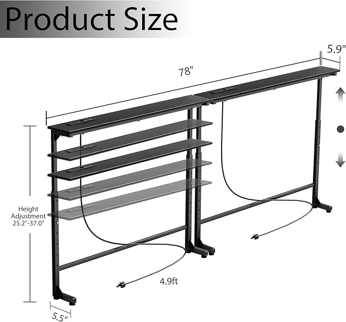 78 inch Narrow Console Table with Outlet,Adjustable Height(25"-37") Behind Sofa Table,Couch Behind Table Skinny,Couch Shelf with Charging Station,Long Entryway Table for Living Room,Black