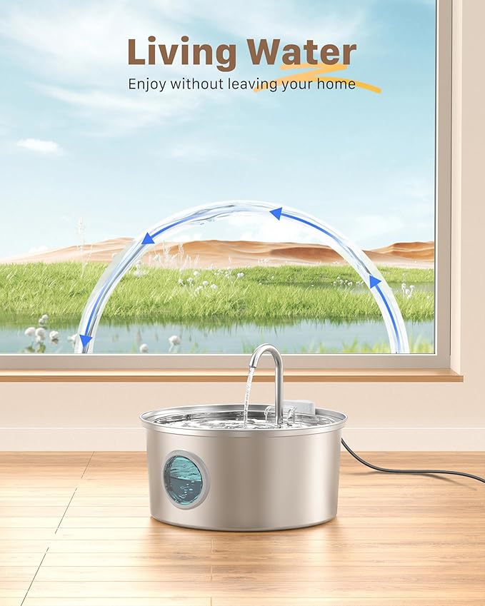 Stainless Steel Cat Fountain - 108oz/3.2L Pet Fountain for Cats Indoor - Quiet - Contains 8 Filters + 8 Sponges
