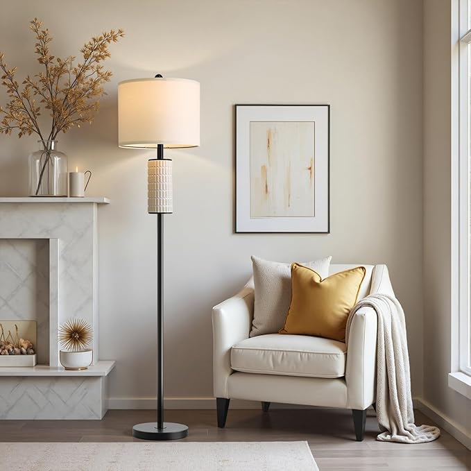 PoKat Ceramic Floor Lamp with Remote, 64" Modern Floor Lamps for Living Room with Stepless Dimmable Colors Temperature, Tall Standing Lamp for Living Room Bedroom Office, 9W Bulb Included, Black