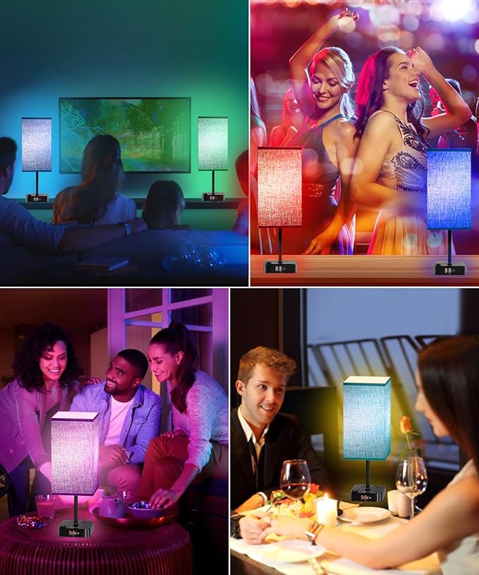 Bluetooth/WiFi RGB & USB Bedside Table Lamp with 3 USB Charging Ports 2 Outlets Power Strip, LED Light Bulb Dimmable, Music Sync Color Changing Light (RGB - Green Shade)