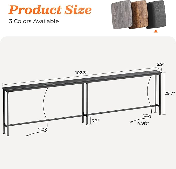 SUPERJARE 102 Inch Sofa Table with 2 Power Outlets and USB-C Ports, 5.9 Inch Narrow Console Table with Storage, Extra-Long Entryway Hallway Couch Table Behind Sofa, Small Spaces, Living Room, Black