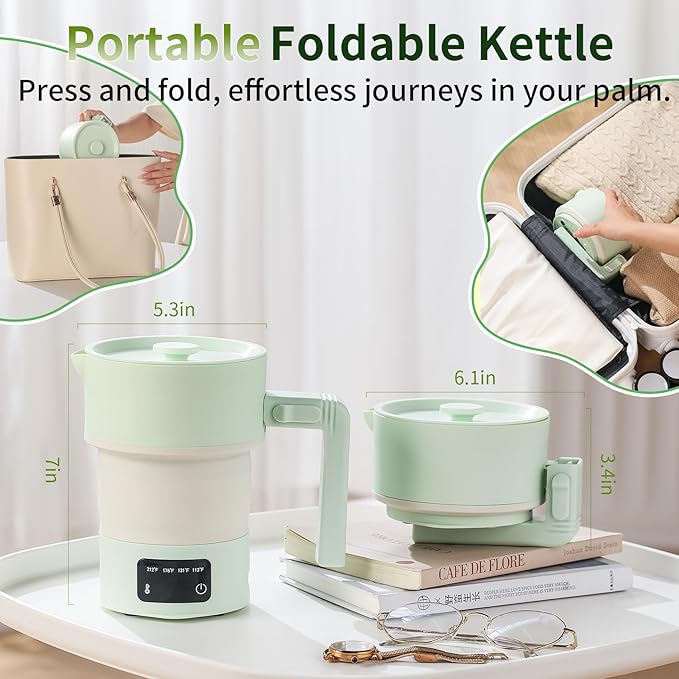 Travel Electric Kettle-Collapsible Portable Electric Kettle, 600W Foldable Small Water Boiler with 4-Temp Presets, Food Grade Silicone for Hotel, Office, Camping (Green, 600mL)