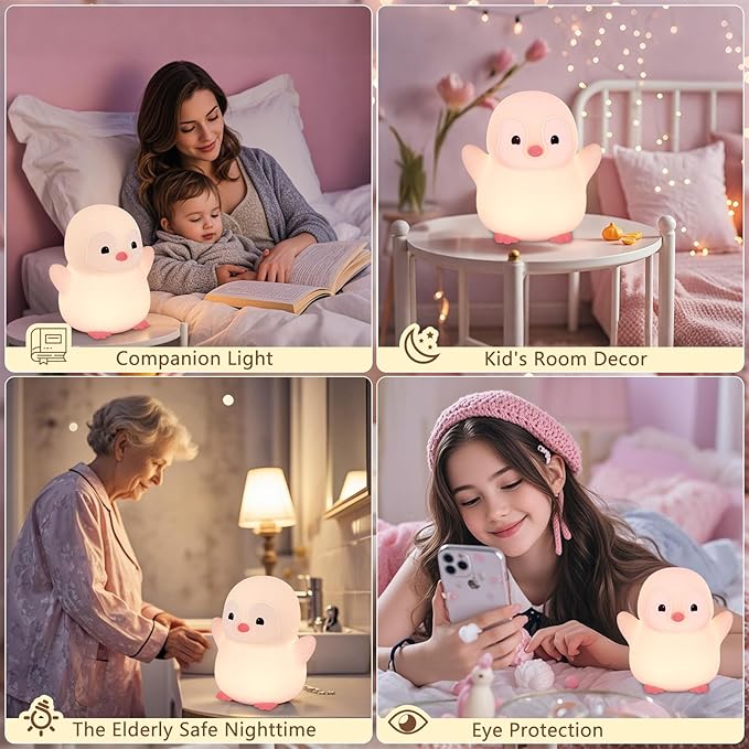 Pink Penguin Night Light,Soft Silicone Nursery Nightlight for Baby,LED Squishy Novelty Animal Bedside Lamp,Rechargeable/Dimmable/Timer,Room Decor, Cute Xmas Gifts for Kids/Girls/ Mom/ Grandma/ Teens