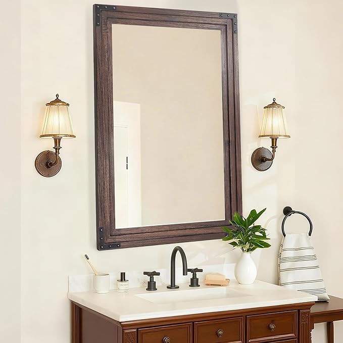 Full Length Mirror 36"x24" Solid Wood Frame Floor Standing Mirror, Hanging or Leaning Wall-Mounted for Living Room, Bedroom, Brown