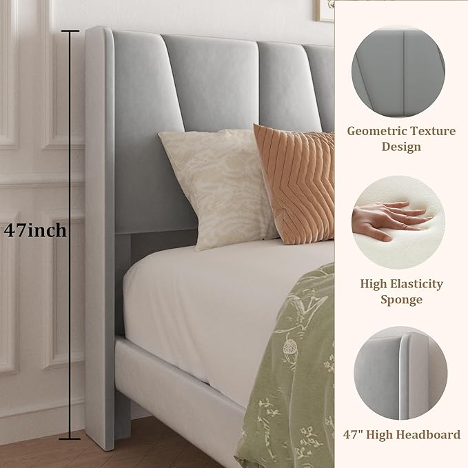 King Bed Frame with Storage Drawers, Upholstered King Size Platform Bed with 47" Tall Headboard and Wingboard, No Box Spring Needed, NO Noise, Easy Assembly, Wooden Support Slats,Light Grey