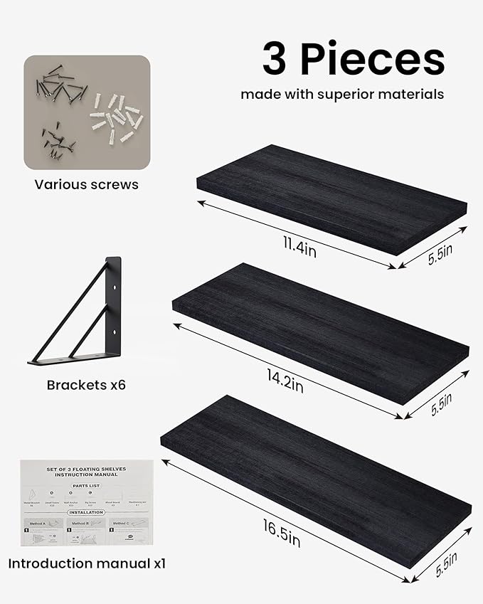 BAYKA Wall Mounted Floating Shelves, Wood Floating Wall Shelf for Books & Decor, Small Space-Saving Display & Organizer（Black，Set of 3）
