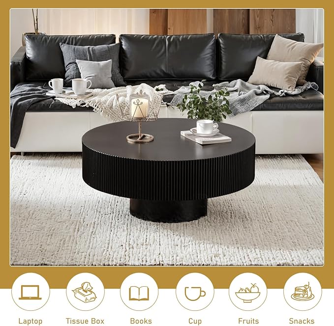 Round Drum Coffee Table 30.91" Handcrafted Fluted Drum Coffee Table Mid Century Accent Tables Modern Luxury Circle Center Table Vintage Farmhouse Center Table for Living Room (Black Thick)
