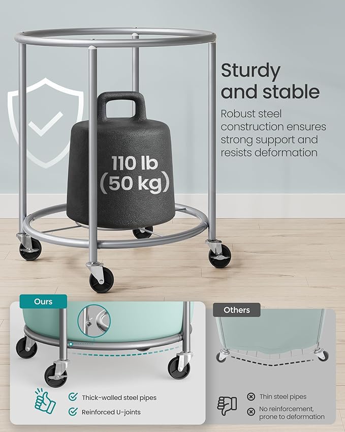 SONGMICS 50.2-Gallon (190 L) Laundry Basket with Wheels, Rolling Round Heavy-Duty Laundry Hamper Cart with Steel Frame and Removable Bag, 2 Locking Wheels, Mint Green and Metallic Silver URLS001C01