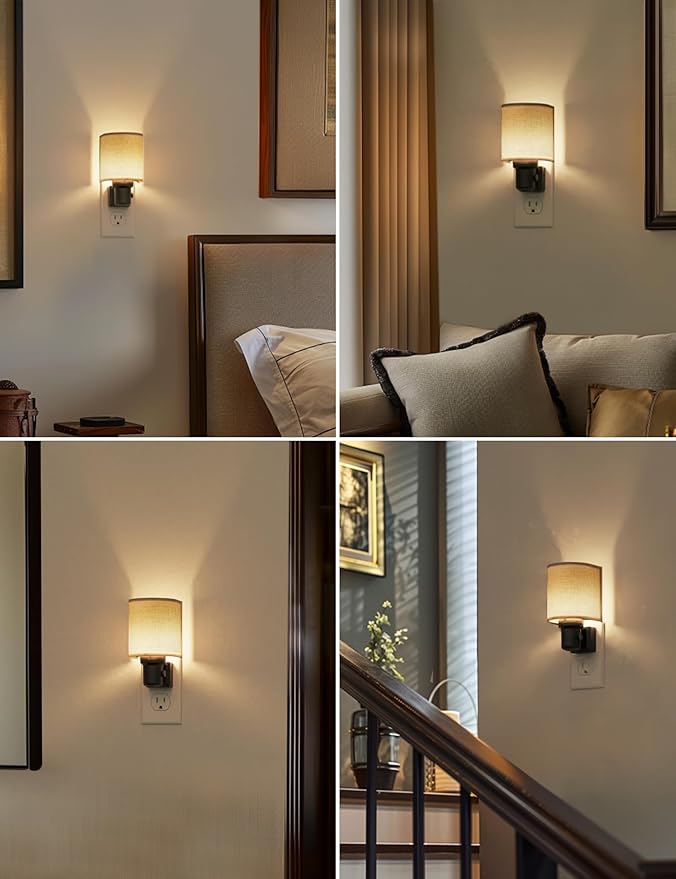 L LOHAS LED Night Lights Plug into Wall, Plug in Night Light Dimmable, Farmhouse Decorative Nightlights Plug in Wall, Light Sensor 0-100LM, Soft Linen Fabric Nightlight Warm for Bedroom Hallway Decor
