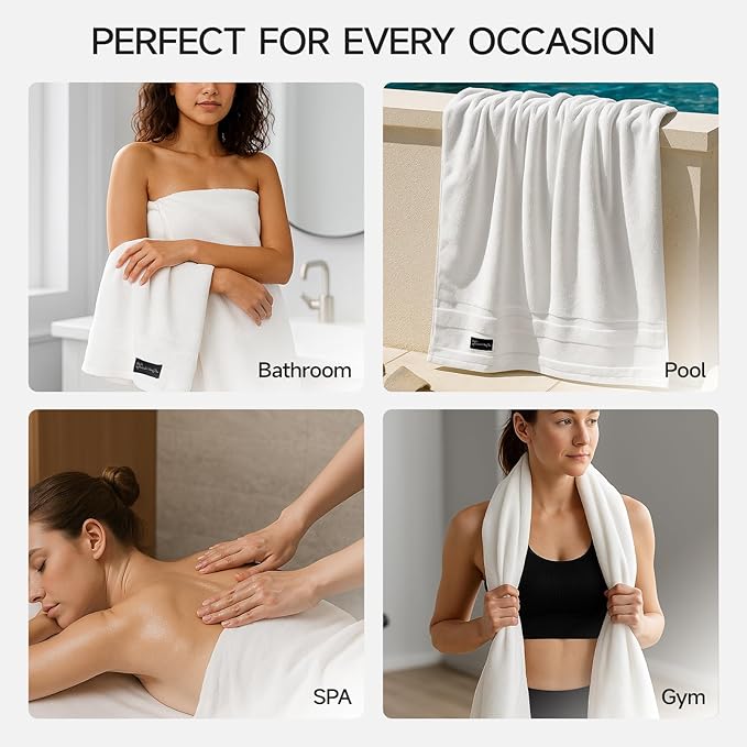 REDKISS Large Bath Towels Set 2 Piece, 100% Cotton, 31x63 in,Heavyweight 760G, Highly Absorbent & Quick Dry, Super Soft Luxury Shower Towels for Bathroom,Hotel Collection - White