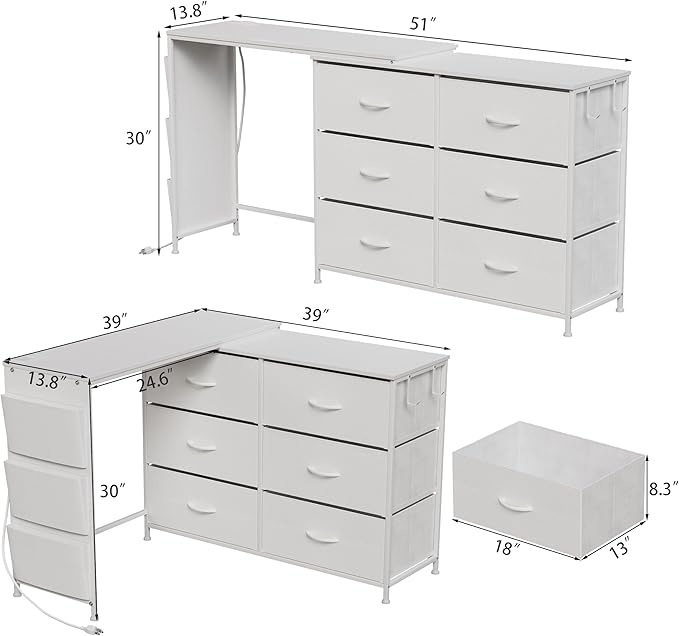 Modern Corner Vanity Desk with 6 Fabric Drawers Power Outlet Side Pocket L Shaped Drawers Makeup Desk Dressing Table for Girls Women Bedroom (White)