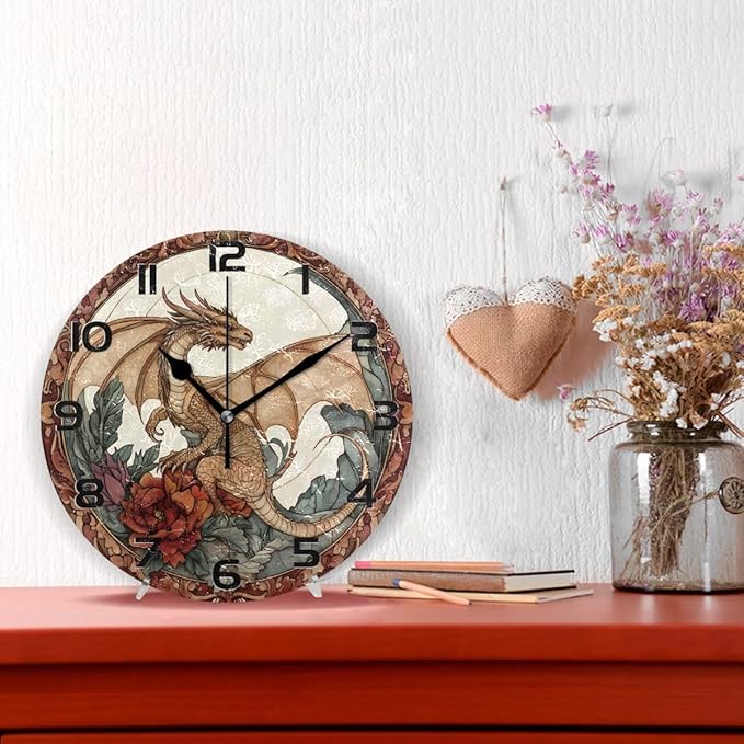 Bolaz Wall Clocks Decorative Bedroom Silent Living Room Desktop Dragon Flowers Tabletop Shelf Clocks Round Battery Operated 10 Inch Non-Ticking