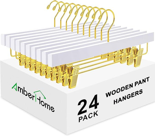 Amber Home 24 Pack White Wooden Pants Hangers with Gold Clips, Wood Skirt and Trouser Hangers for Jeans, Slacks, Shorts