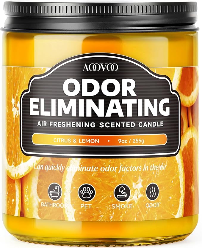AOOVOO Citrus Lemon Odor Eliminating Highly Fragranced Candle - Eliminates 95% of Pet, Smoke, Food, and Other Smells Quickly, Air Freshing Soy Candle, 9 oz Up to 50 Hours Burn time