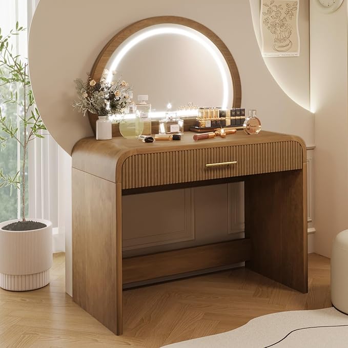 Merax 39" Make Up Vanity Desk with Touch Screen Lighted Mirror and Storage Drawer, Rubber Wood Girls Makeup Dresser Table for Bedroom, Dressing Room