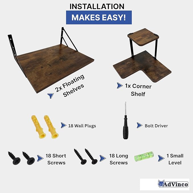 Rustic Brown Floating Shelves Set of 2 with Corner Shelf – Wood Wall Mounted Shelves for Kitchen, Bathroom, Living Room & Office Decor – Heavy Duty Storage Display, Easy Installation Included