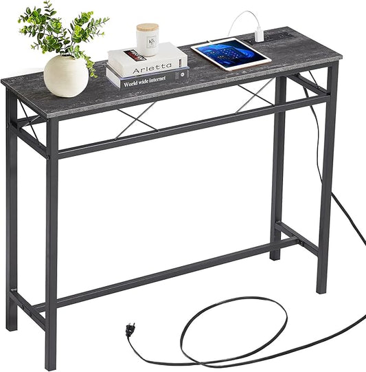 VECELO 39.4In Narrow Sofa/Console Table with Charging Station & Power Outlet and USB Ports, for Entryway, Living Room, Office, Industrial, Metal Frame, Grey