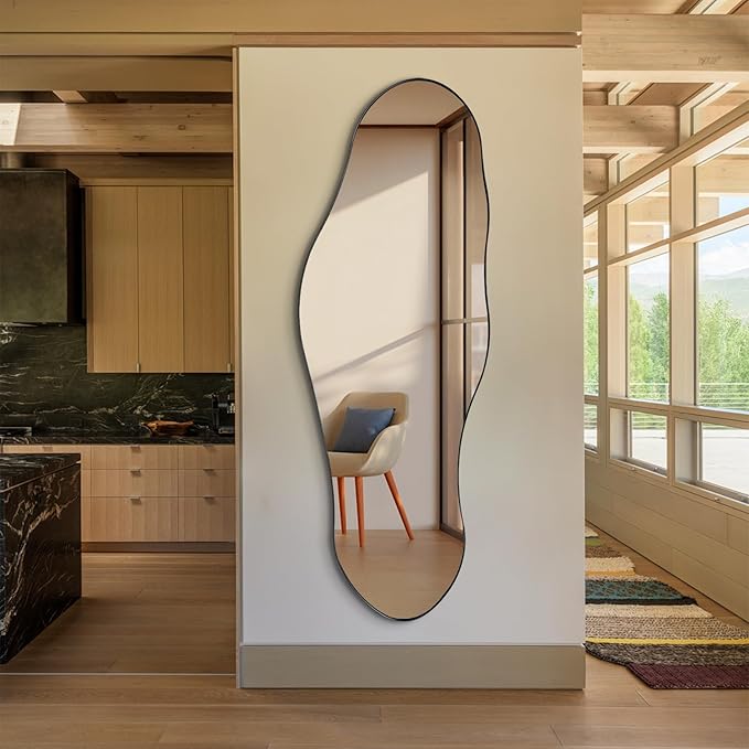 Irregular Mirror Full Length, 63"x22.5" Large Asymmetrical Wall Mirror, Black Metal Frame Abstract Decorative Mirrors for Living Room Bathroom Bedroom Hallway Entryway Fireplace