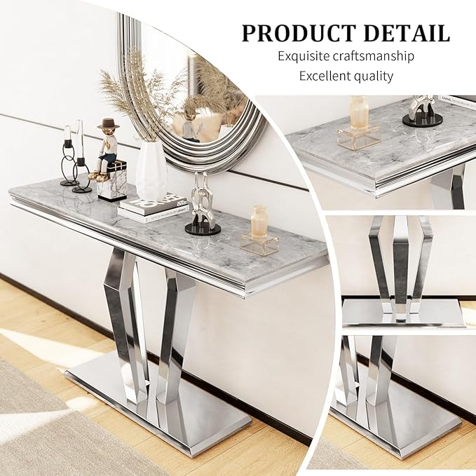 Asday Silver Console Table, Mirrored Sofa Table with Geometric Steel Base, Modern Silver Narrow Rectangular Console Table for Entryway, Living Room, Office, Coffee Bar, Front Hall