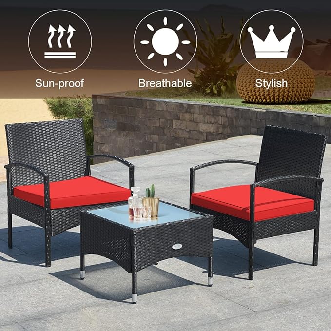 COSTWAY 3 PCS Patio Wicker Conversation Set, PE Rattan Sofa with Tempered Glass Coffee Table, 2 Chairs, 2 Cushions, Outdoor Patio Furniture Set for Yard Porch Bistro Balcony Backyard Pool, Red
