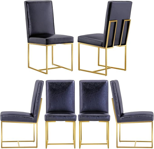 AUZ Black and Gold Faux Leather Dining Chairs Set of 6, Mid-Century Modern Luxury Upholstered Kitchen Room Chairs with Polished Stainless Steel Sled Legs