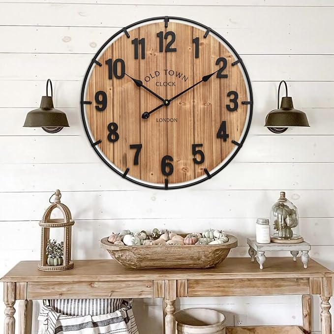 Large Old Town Farmhouse Wall Clock 24 Inch Rustic Antique Wood with Metal Circle and Large Numerals Silent Battery Operated Wall Clock for Office Kitchen Bedroom Living Room