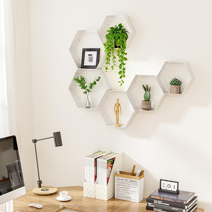 Gonice White Metal Hexagon Floating Shelves Set of 6 Honeycomb Wall Shelves Home Decor Shelf for Living Room Bedroom Office
