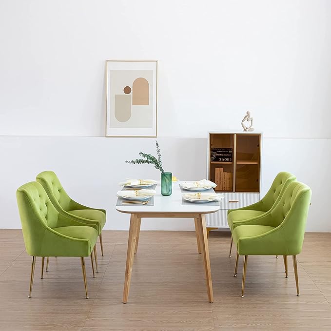 Modern Dining Chair Set of 4, Mid-Century Room Chair, Upholstered Comfortable Velvet with Back Pull Rod and Metal Legs for Kitchen, Living (Yellow-Green) (DYXSD)