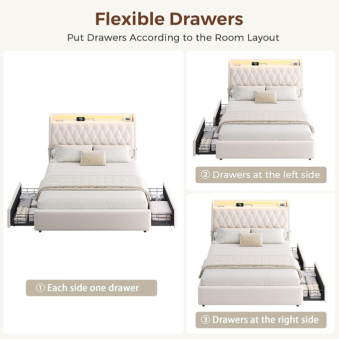 Queen LED Velvet Bed Frame with 2 Storage Drawers&Hidden Headboard, Upholstered Platform Bed with Charging Station&Button Tufted Design, Wooden Slats Support, Box Spring Optional, Easy Assembly, Beige