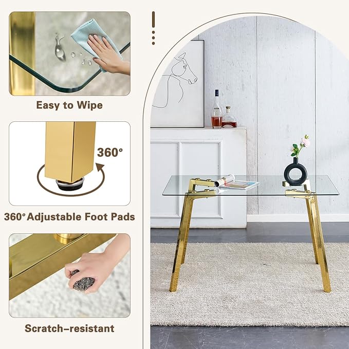 51" Glass Dining Table Set 4,Small Kitchen Room Dining Table Set 4 with Chairs,Tempered Glass Top with Gold Legs,Easy to Assemble,Dinette Breakfast Nook