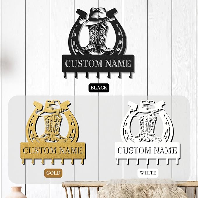 Personalized Key Holder for Wall, Custom Metal Cowboy Key Hooks with Name, Meta Jacket Holder Hooks Organizer Rack, Jacket Hanger Decor for Kitchen, Entryway, Hallway, Office, Doorway