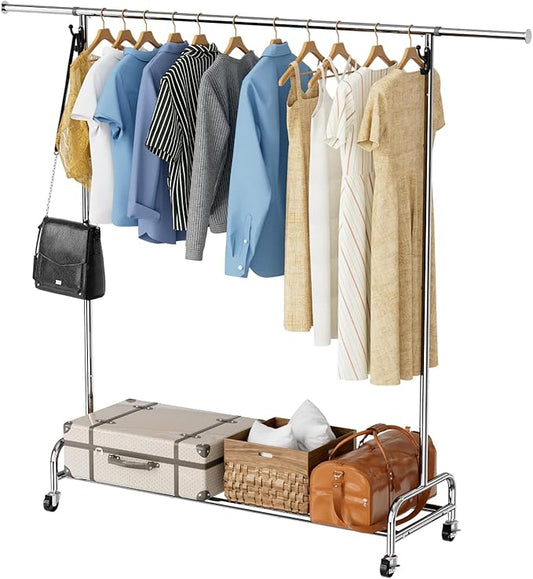 Standard Clothing Garment Rack with Wheels, 47.05" to 65.94" Adjustable Chrome Clothes Rack for Hanging Clothes, Portable Rolling Clothing Rack with Lockable Casters for Bedroom, Laundry Room