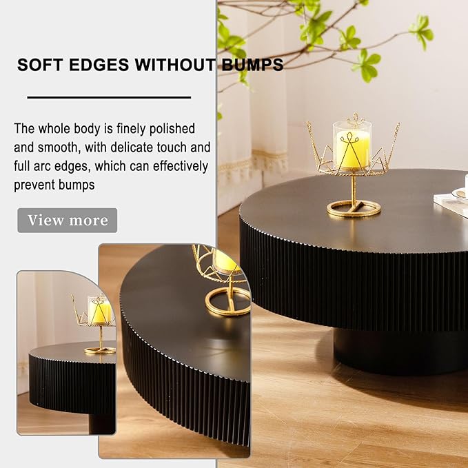 Round Coffee Table, Handcrafted Fluted Drum Coffee Tables Modern Wood Coffee Table Circle Drum Center Table for Living Room, Apartment (Black Thick)