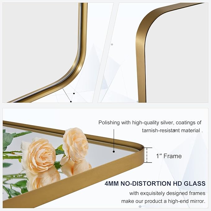 ANDY STAR 28"x36" Brushed Gold Bathroom Mirror for Wall, Brass Metal Framed Pivoting Bathroom Vanity Mirror with Rounded Corner, Tilt Rectangle Wall Mirrors Hangs Vertically Only(Overall 31.75" x 36")