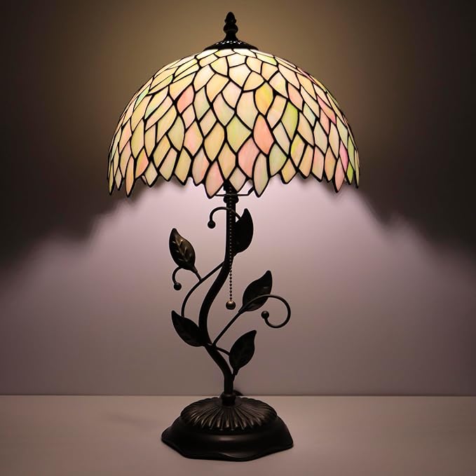 Tiffany Table Lamp, Stained Glass Style Desk Lamp, 12X12X19 Inch,Bedside Reading Light, Metal Leaf Base（Seven Color Wisteria Style