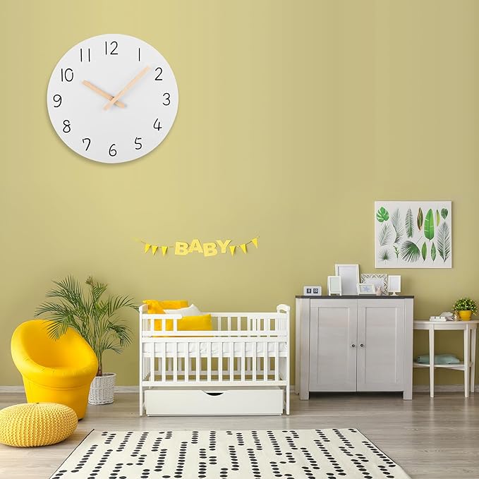 Plumeet 16'' Extra Large Wall Clock Frameless Wooden Clocks with Silent Quartz Movement - Modern Style Village Wall Clocks Decorative Home Kitchen - Battery Operated (White)