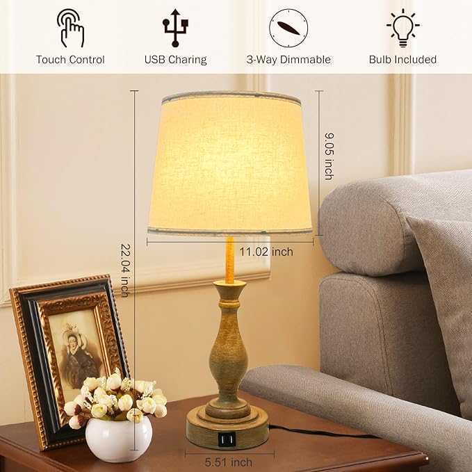 Farmhouse Table Lamp Touch Control 3-Way Dimmable Table Lamp, Modern Nightstand Lamp with 2 USB Port Bedside Desk Lamp with Fabric Shade for Living Room (Pack 1-Beige Shade & Touch)