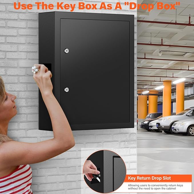 125 Keys Dual Lock Box Wall Mount, Anti-Theft Key Cabinet with Key Hooks & 125 Tags Key Labels, Steel Drop Slot Key Safe for Hotels & Office & Companies & Car Dealerships