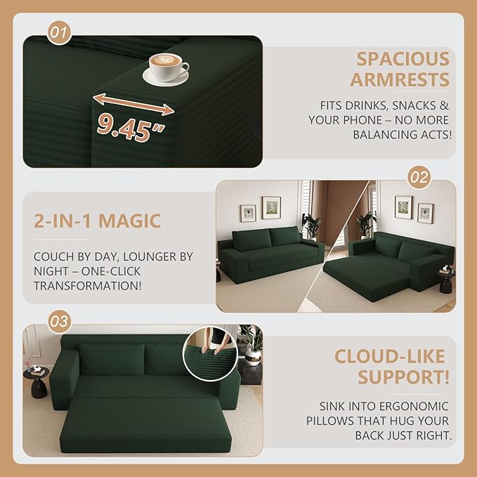 Cloud Loveseat Sofa, Modern Corduroy 2-Seater Couch with Deep Seat, No Assembly Required Memory Foam Sofa, Boneless Sofa in a Box for Bedroom, Apartment, Office,Small Space (Green,70.87in)