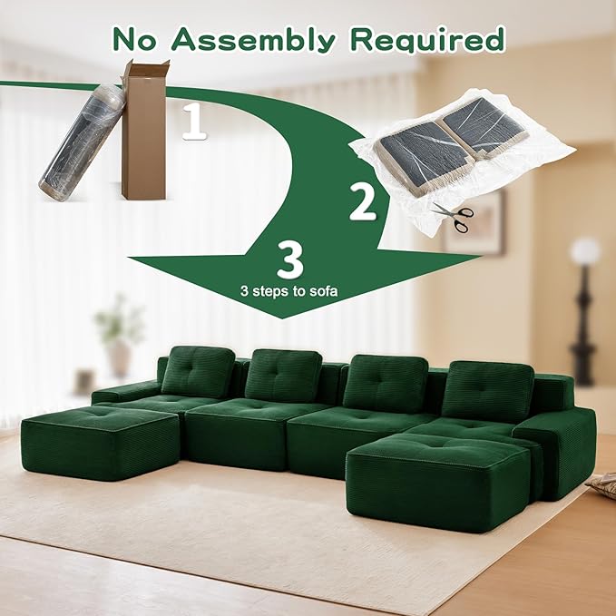 150" Modern Corduroy Cloud Sofa with Ottoman, U Shaped Boneless Modular Large Sectional Couches for Living Room, Green 4 Seater Compressed Memory Foam Couch, Extra Deep Seat, No Assembly