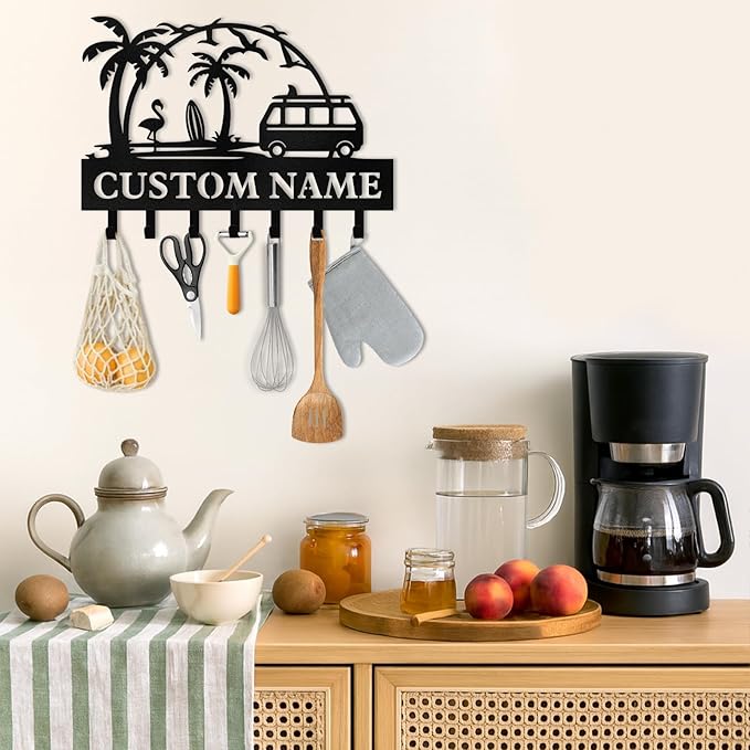 Personalized Key Holder for Wall, Beach Theme Key Holder Wall Mount with Hooks, Coconut Trees Key Hanger Wall Decor for Pool Bathroom Hallway Entryway Office, Customized Home Decor Gifts Color02